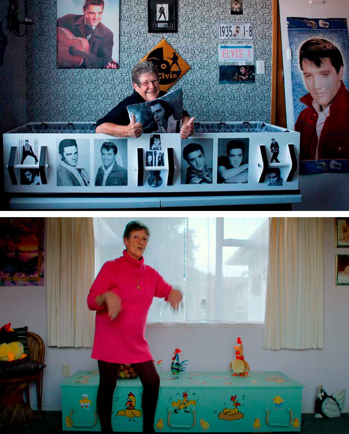 Dos militantes de The Coffin Club con sus respectivos féretros decorados por ellas mismas.